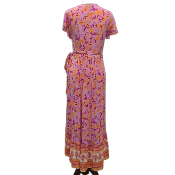 ZESICA Pink & Orange Floral Bohemian Wrap V-Neck Ruffle Flowy Midi Dress Size S - Picture 8 of 11